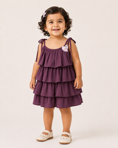 Girls Deep Plum Tiered Ruffle Frock