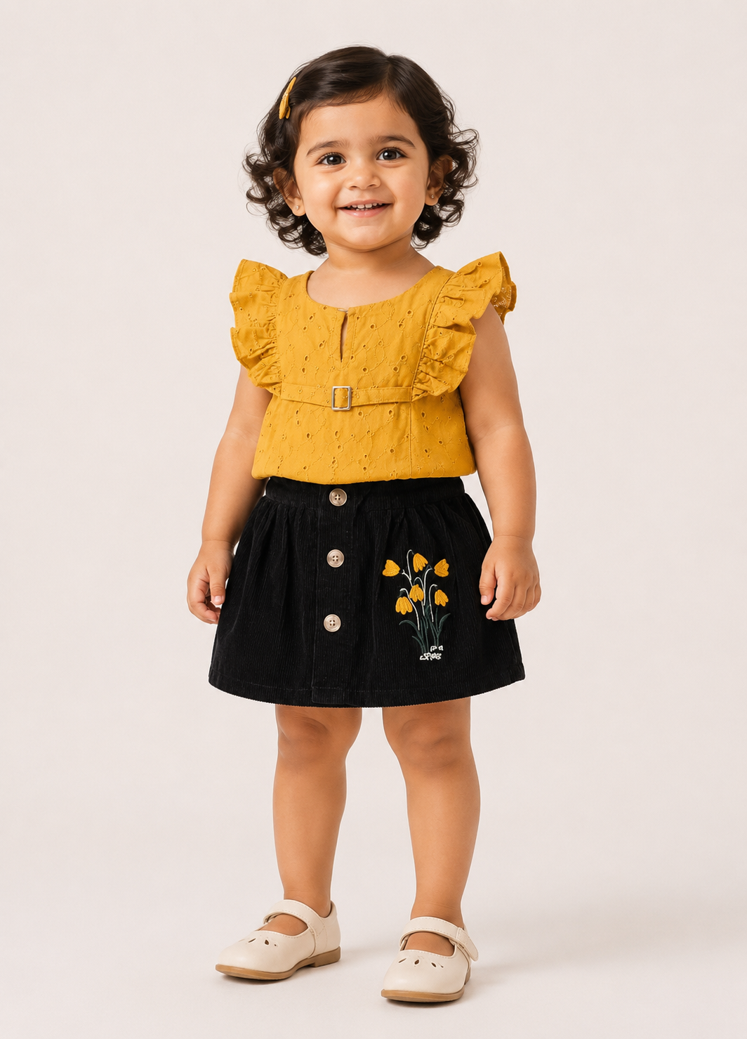Girls Mustard & Black Eyelet Top & Skirt Set