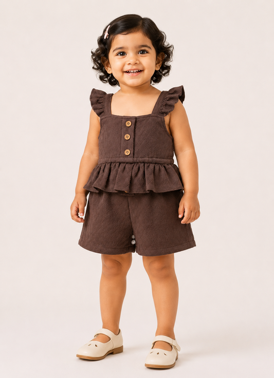Girls Chocolate Brown Peplum Top & Shorts Set