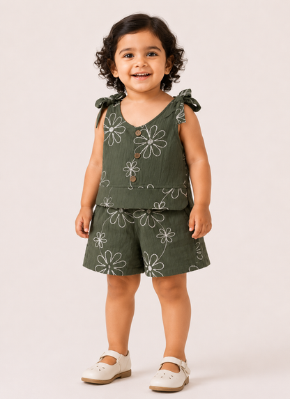 Girls Olive Green Daisy Top & Shorts Set
