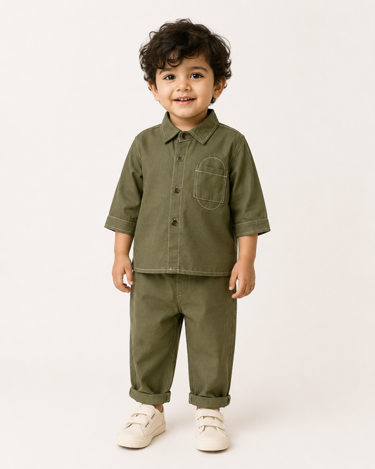 Kids Boys Olive Green Contrast Stitch Shirt