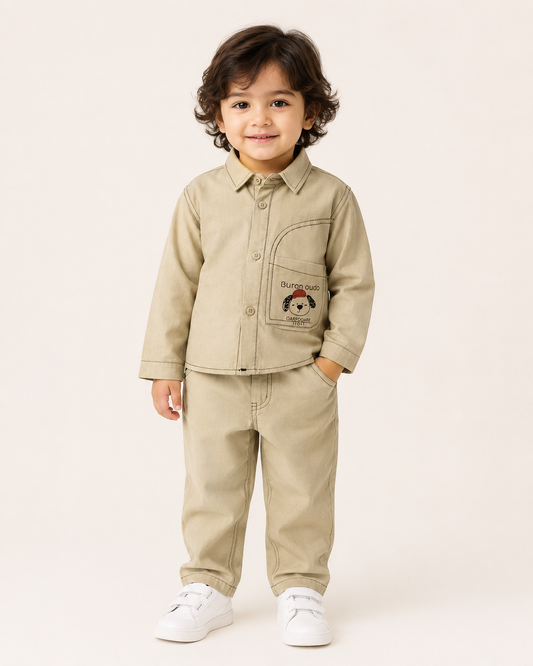Kids Boys Khaki Dog Embroidered Casual Shirt