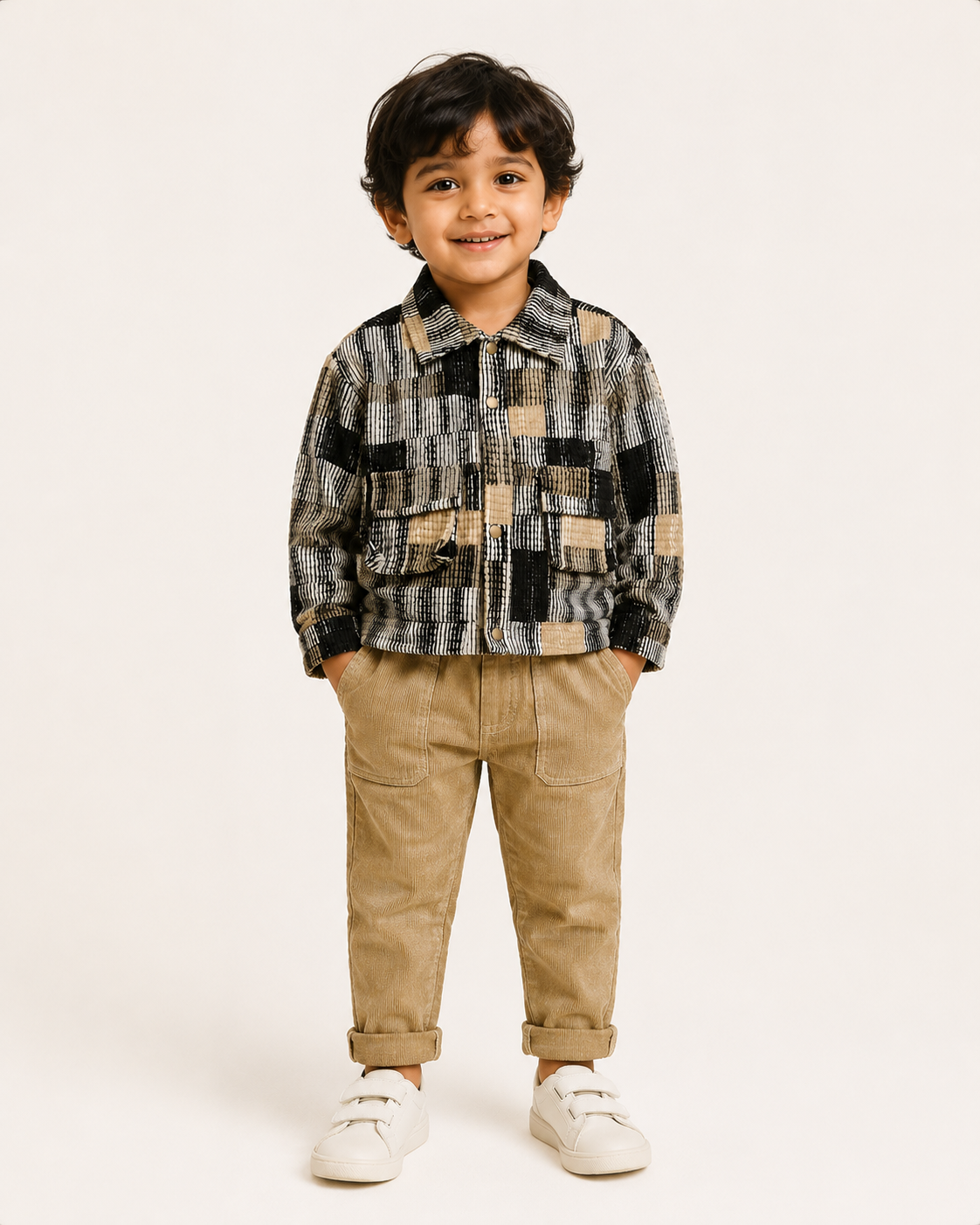 Girls Black & Beige Patchwork Block Print Jacket