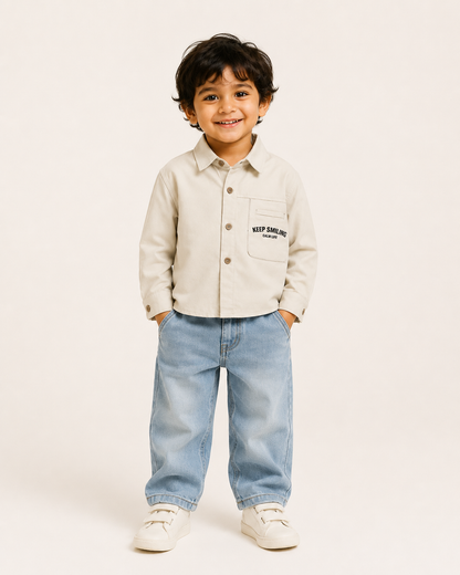 Kids Beige Slogan Cropped Casual Shirt