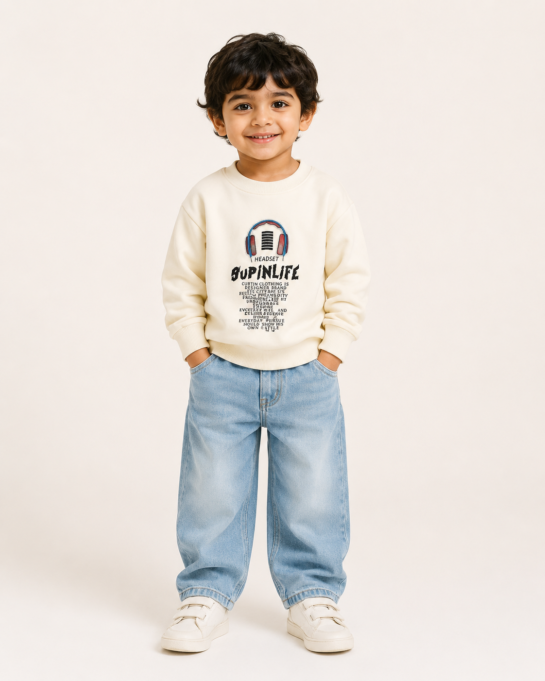 Kids Cream Headset Graphic Fleece Sweatshirt