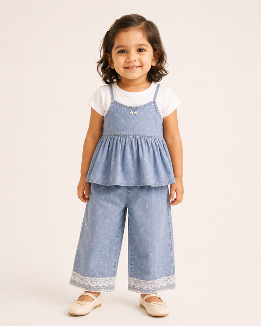 Baby Girl Blue Denim Peplum Top & Pants Set