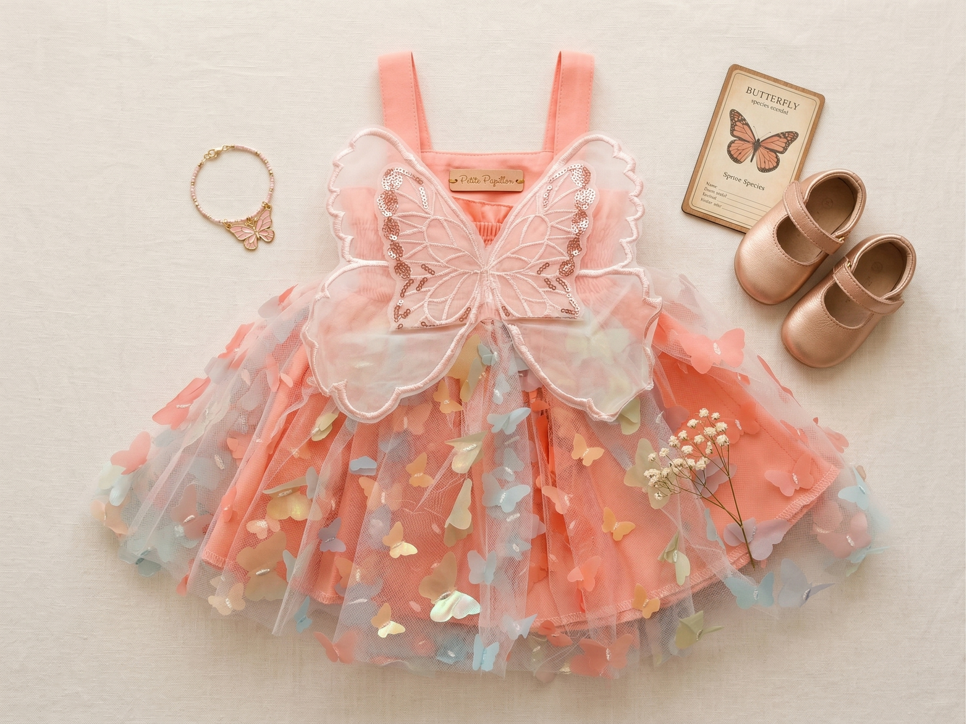 Baby girl birthday dress in pink tulle with 3D butterflies - smocked cotton bodice