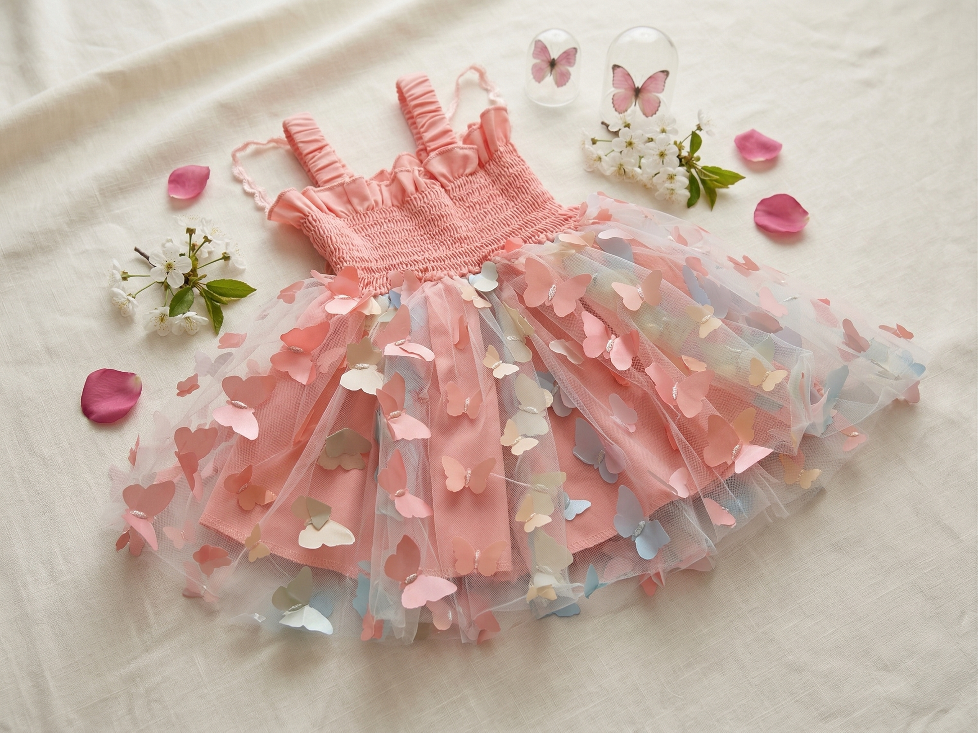 Pink 3D butterfly tulle dress for baby girls - hundreds of hand-applied butterfly appliqués
