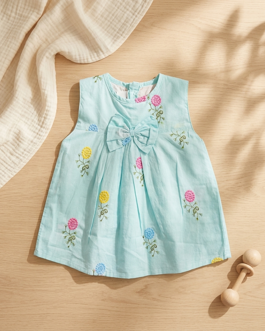 Girls Mint Blue Hydrangea Embroidered Frock