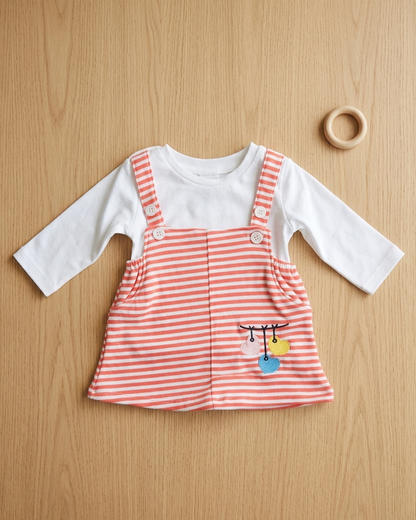 Girls Coral Striped Pinafore Dress Set