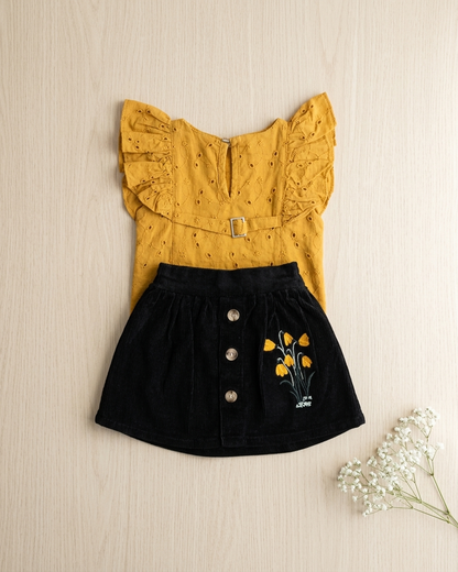 Girls Mustard & Black Eyelet Top & Skirt Set
