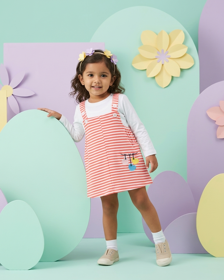 Girls Coral Striped Pinafore Dress Set