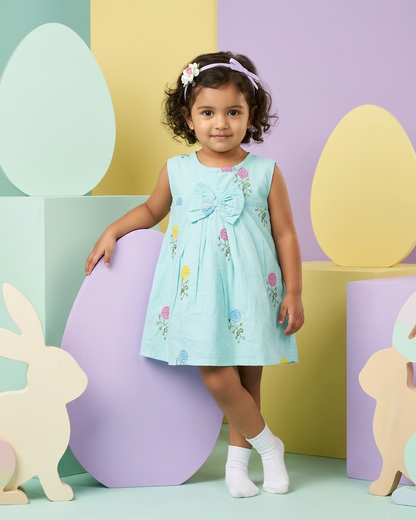 Girls Mint Blue Hydrangea Embroidered Frock