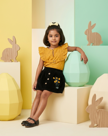 Girls Mustard & Black Eyelet Top & Skirt Set