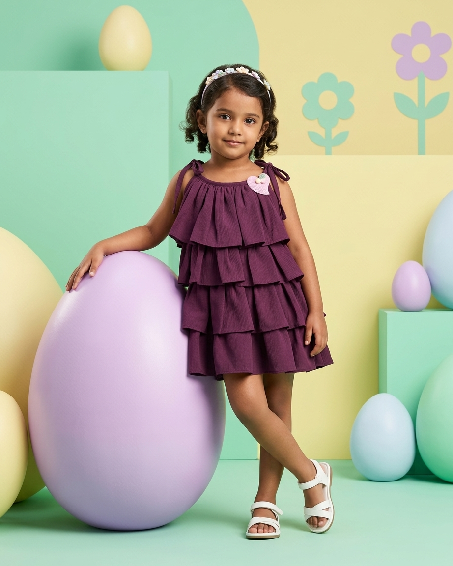 Girls Deep Plum Tiered Ruffle Frock