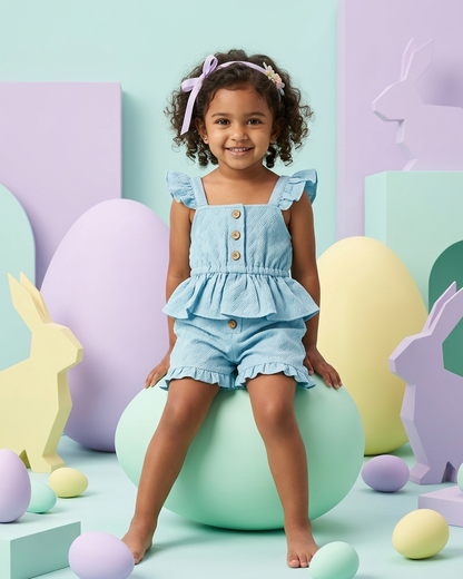 Girls Mint Blue Peplum Top & Shorts Set