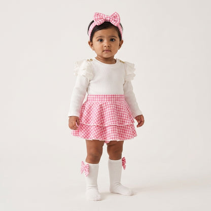 Baby girl pink houndstooth 4-piece dress set with bloomers headband and socks