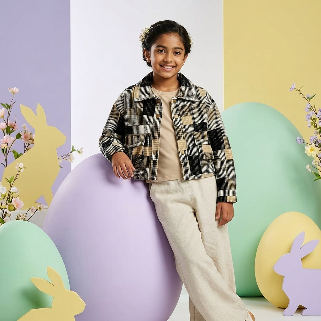 Girls black and beige patchwork block print cropped jacket with gold buttons - statement outerwear