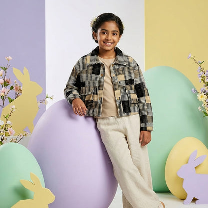 Girls black and beige patchwork block print cropped jacket with gold buttons - statement outerwear