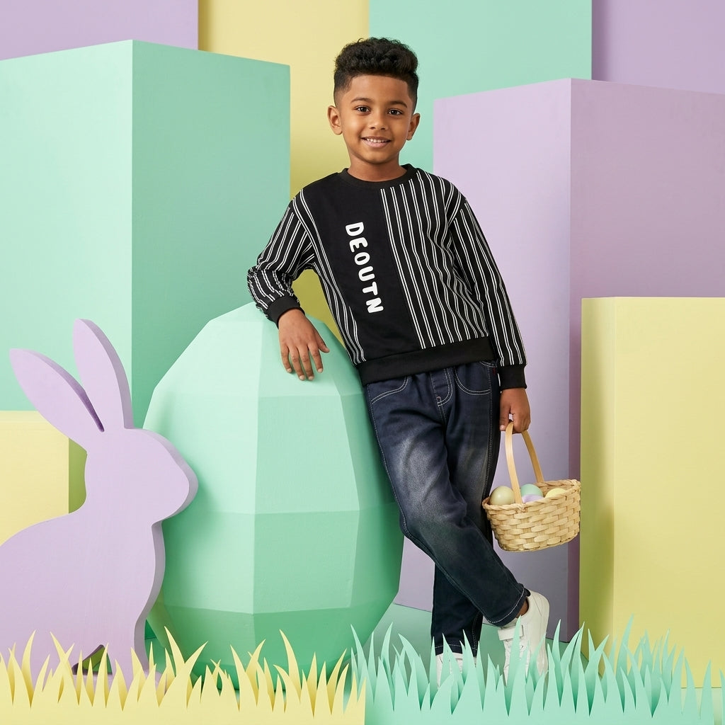 Boys black and white striped graphic sweatshirt and denim jeans 2-piece coord set