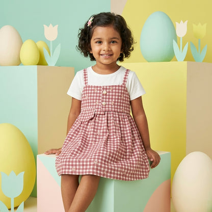 Girls red plaid pinafore 2-piece dress set with gold button accents - festive kids outfit India
