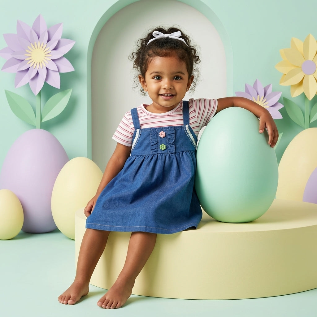 Girls pink striped denim pinafore dress set with inner tee - toddler everyday outfit