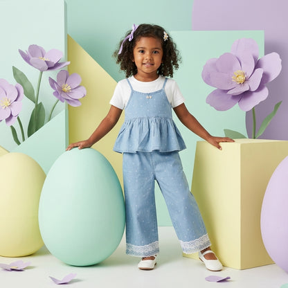 Baby girl blue denim peplum top and lace trim pants set - stylish 3-piece baby outfit