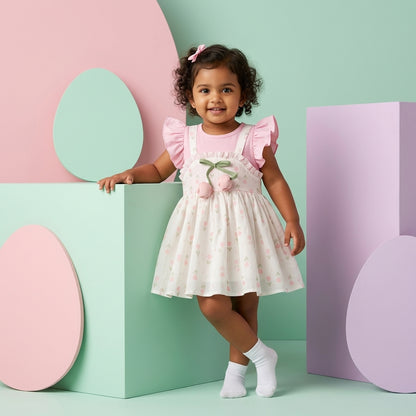 Baby girl pink floral cotton dress set with chiffon overlay and matching shoes