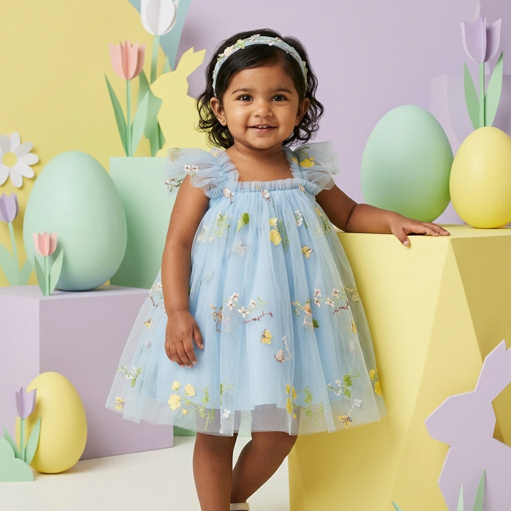 Baby girl sky blue butterfly tulle dress with matching headband - birthday party dress