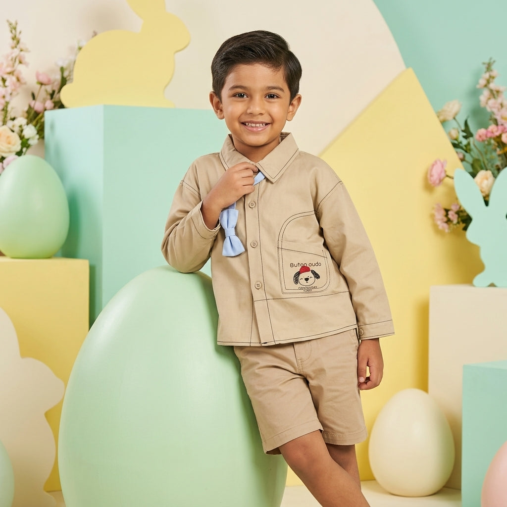 Boys khaki dog embroidered casual shirt with contrast stitch - 100% cotton toddler shirt