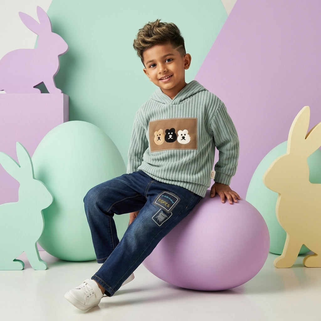 Boys mint green bear patch fleece hoodie and denim jeans 2-piece set - toddler boys outfit