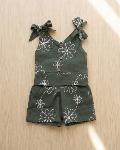 Girls Olive Green Daisy Top & Shorts Set