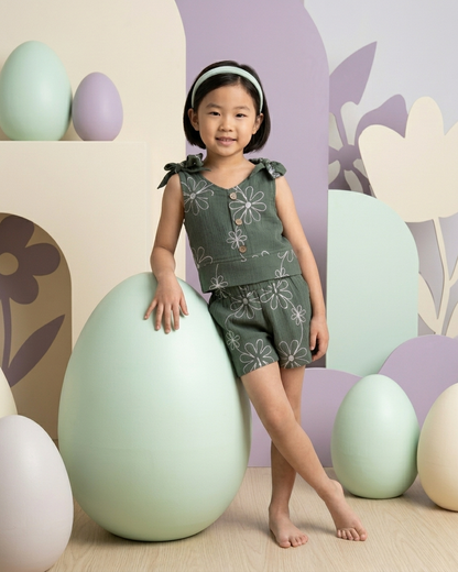 Girls Olive Green Daisy Top & Shorts Set