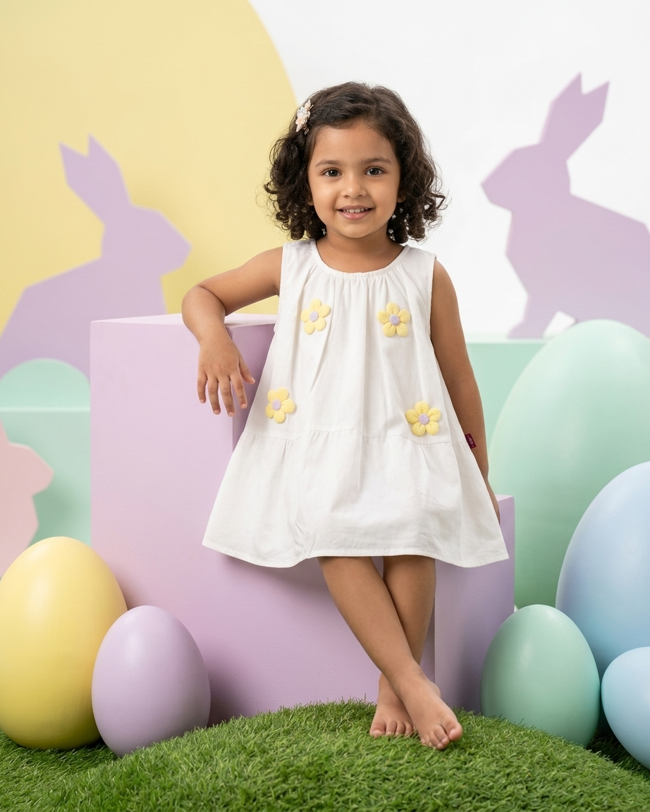 Girls white daisy 3D appliqué A-line top - lightweight cotton summer top for girls