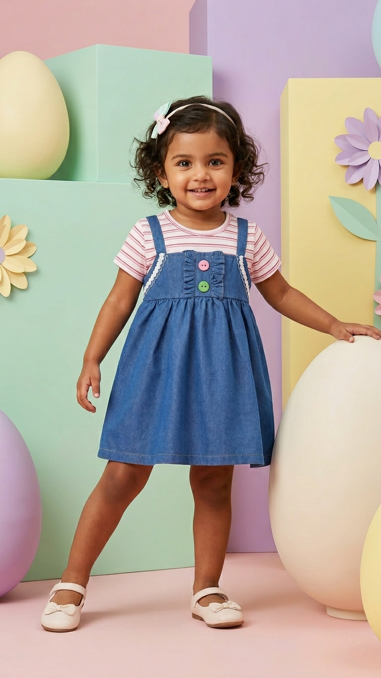 Pink denim pinafore with lace trim and flower buttons - girls cotton jersey tee set