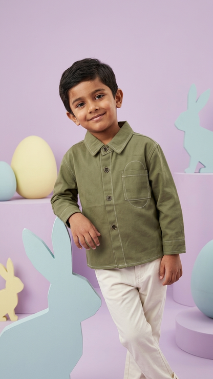 Boys olive green contrast stitch casual shirt - 100% woven cotton smart shirt for kids